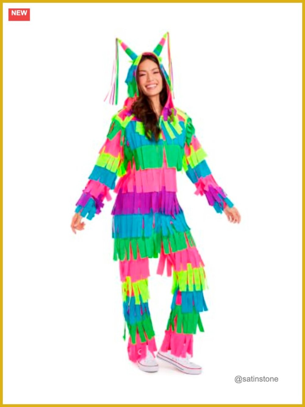 Pinata Jumpsuit Halloween Costume Ribbon Fringe Hood Horns Zip Pockets
